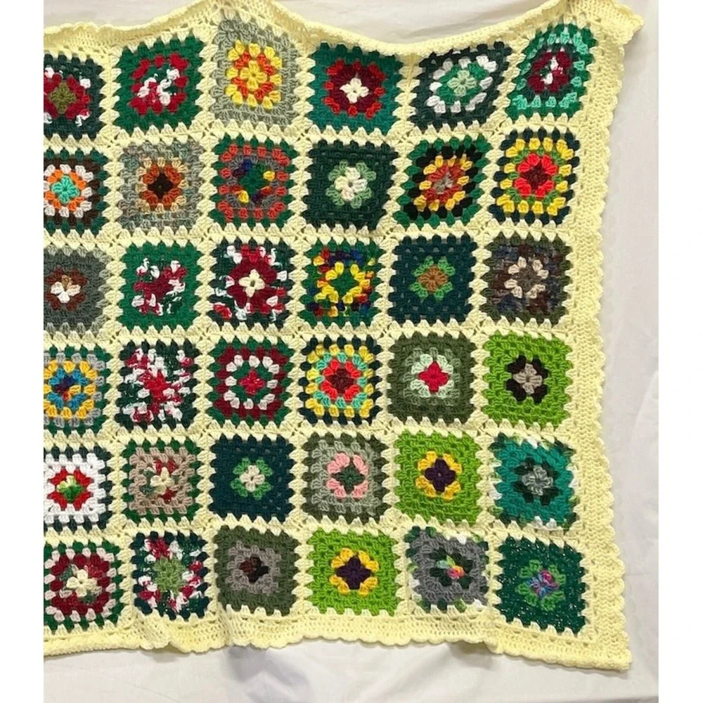 Handmade Granny Square Crochet Blanket Throw Yellow Trim Colorful Boho 72